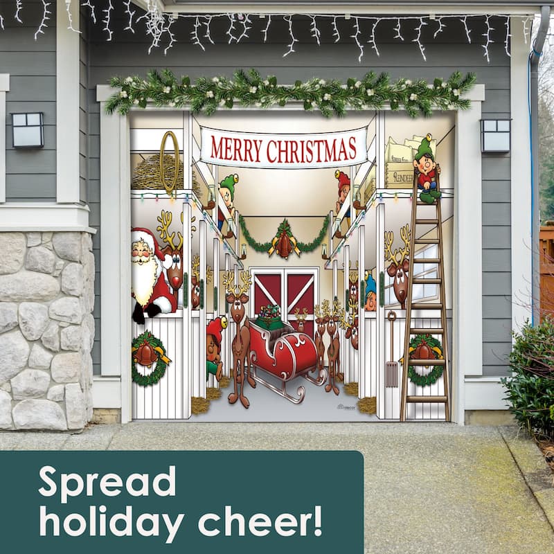 Santa's Merry Christmas Reindeer Barn Single Car Garage Door Banner - 7' x 8' - White