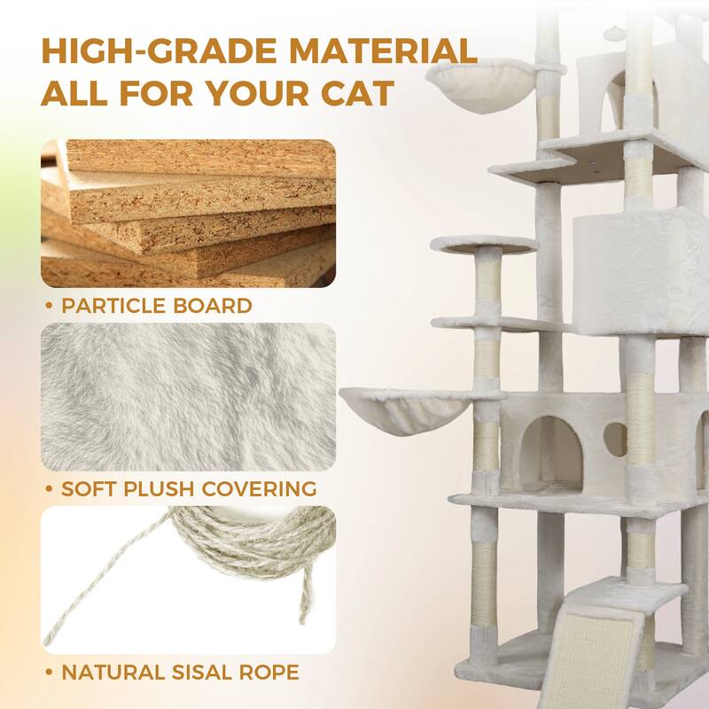 84 in Beige cat tree tower with large condo sisal scratching post big hammock and top platform