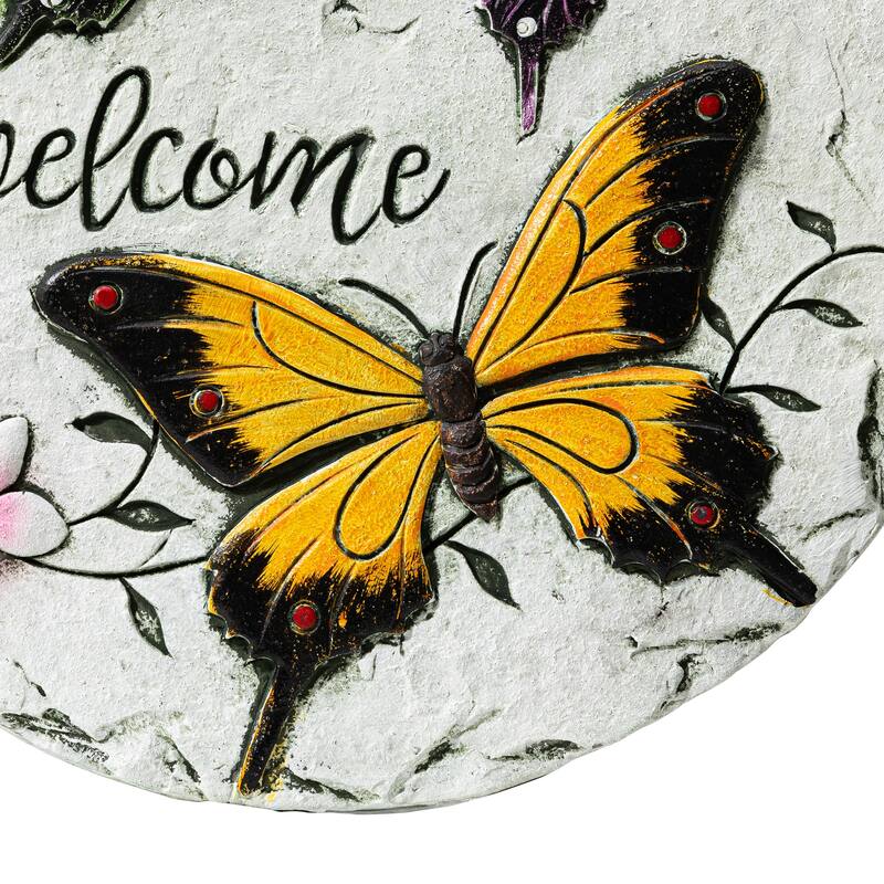 Glitzhome Set of 2 Cement Welcome Stepping Stones with Butterflies & Dragonflies - 9.75 in