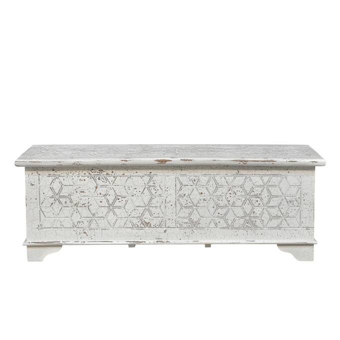 HomeRoots 52" White Rustic Solid Wood Geometric Storage Ottoman