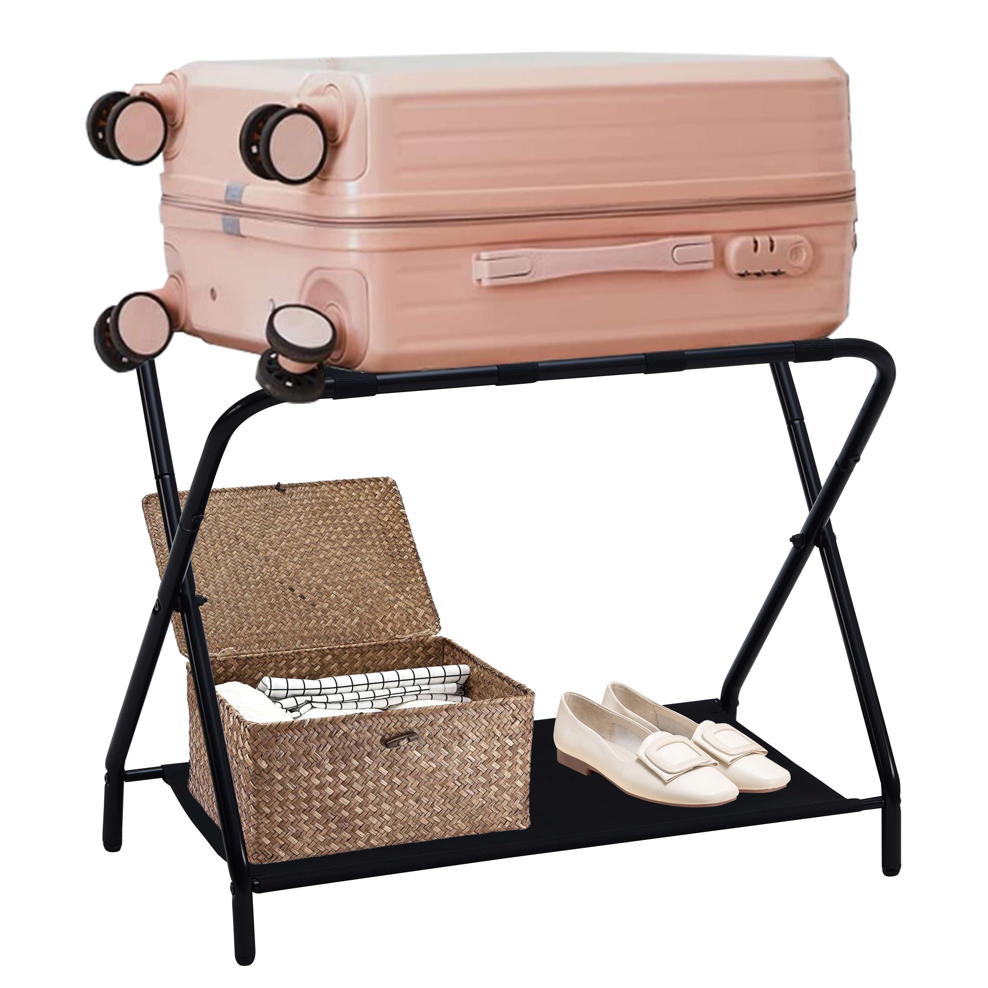 Luggage Rack, Folding Suitcase Stand with Storage Shelf, Black - Foldable