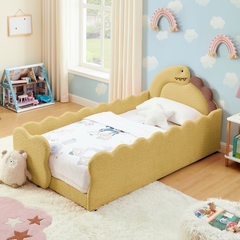 Twin Dinosaur-Shaped Kids Bed with Safety Guardrail - Solid Wood Toddler Bed Frame in Boucle Fabric