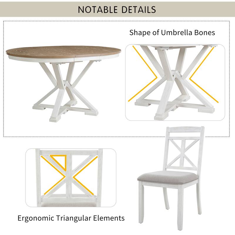 5-Piece Retro Functional Dining Table Set Extendable Round Table and 4 Upholstered Chairs for Dining Room and Living Room