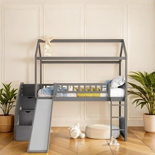 Twin Loft Bed with Two Drawers and Slide, House Bed with Slide - Bed ...