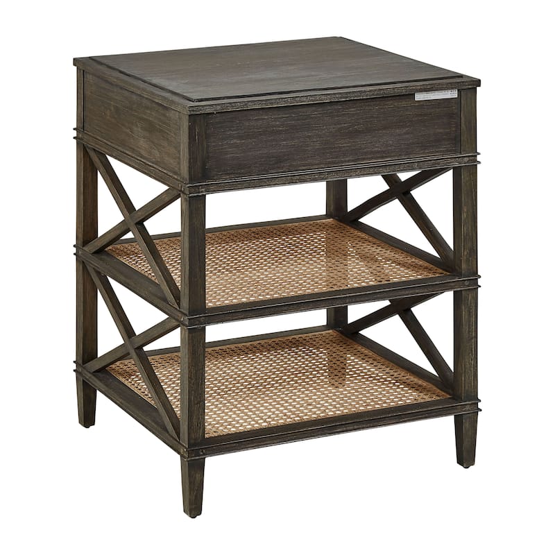 Cambridge Double Shelf Elm & Cane Side Accent Table with Storage Drawer