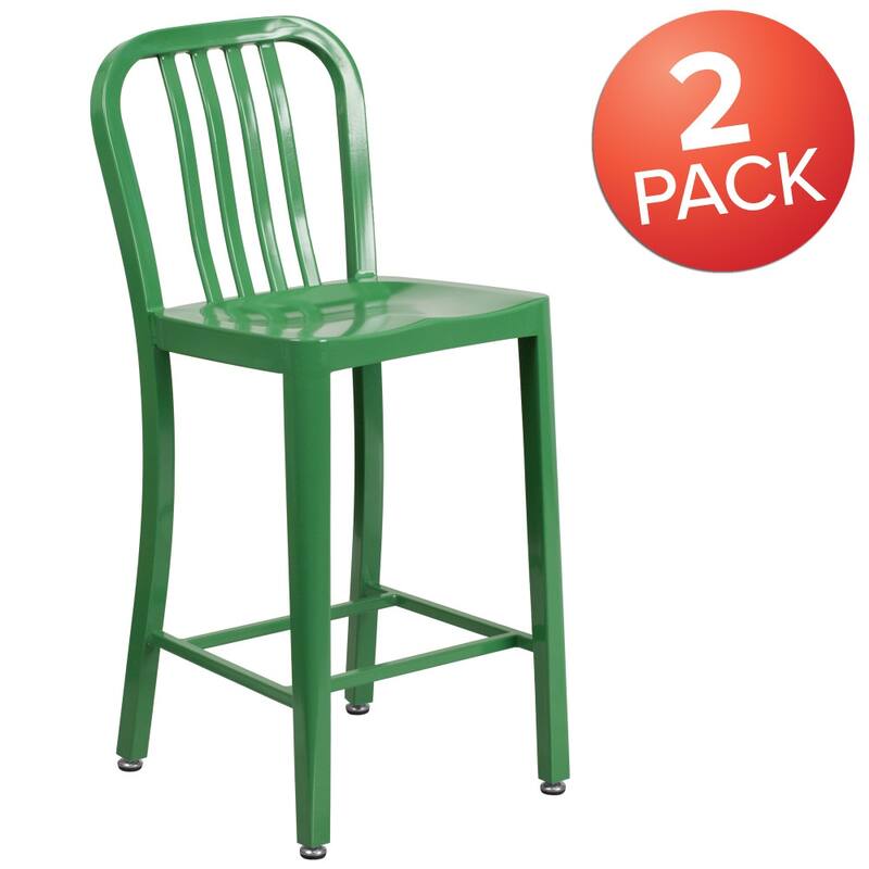2 Pack 24'' High Metal Indoor-Outdoor Counter Height Stool w/ Vertical Slat Back