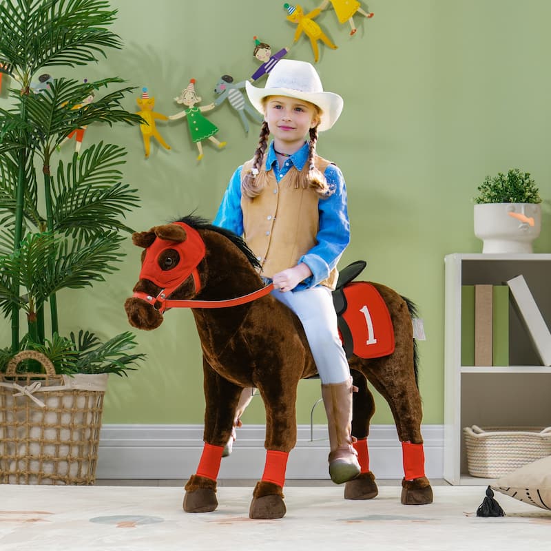 Qaba Ride on Horse for Kids 3-8 Years Old, Toddlers Riding Horse with Neighing Sound, Ride on Animal Pony Toy, Brown