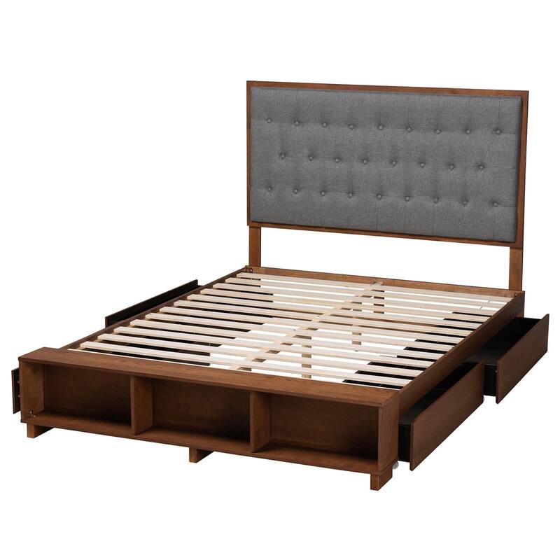 Jalie Classic Transitional Grey Fabric and Walnut Brown Finished Wood Platform Storage Bed