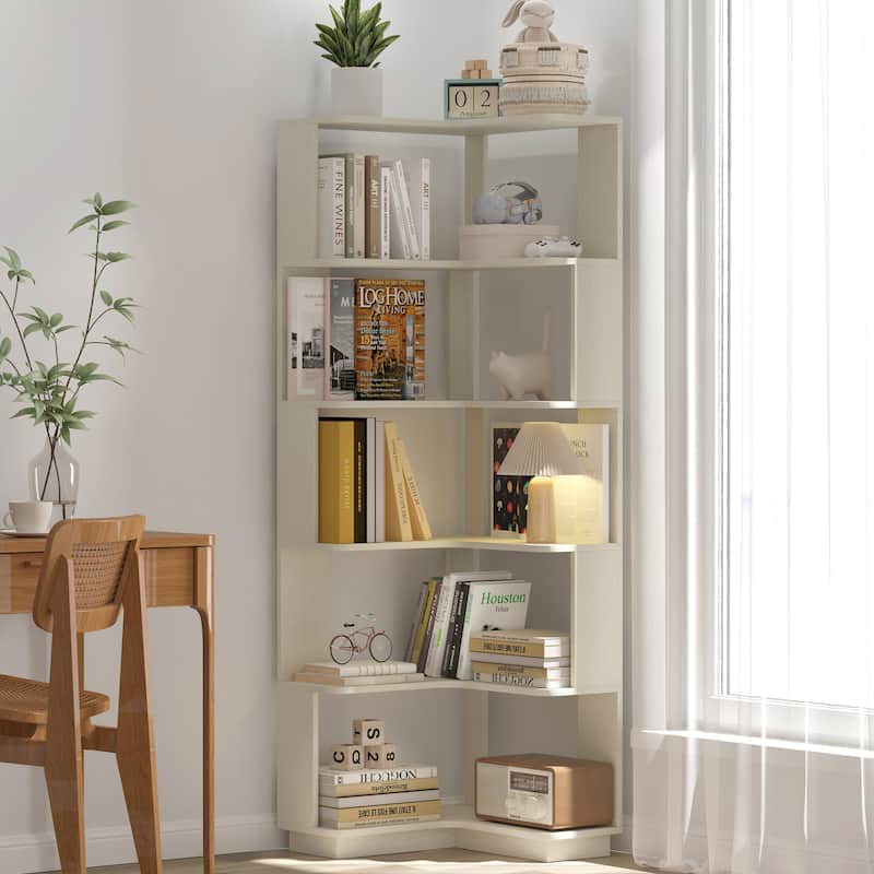 6 Tier Freestanding L-Shaped Corner Bookshelf For Living Room, Bedroom, Wooden Bookcase with anti tipping device