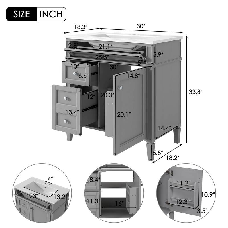 30'' Bathroom Wood Storage Vanity Cabinet with Top Sink and Drawers