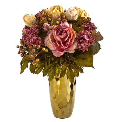 19" Peony Artificial Arrangement in Gold Vase