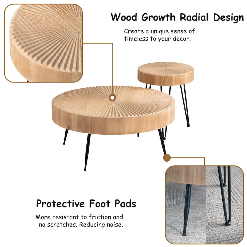 COZAYH 2-Piece Farmhouse Living Room Coffee Table Set, Nesting Coffee Table Round Natural Wood Finish