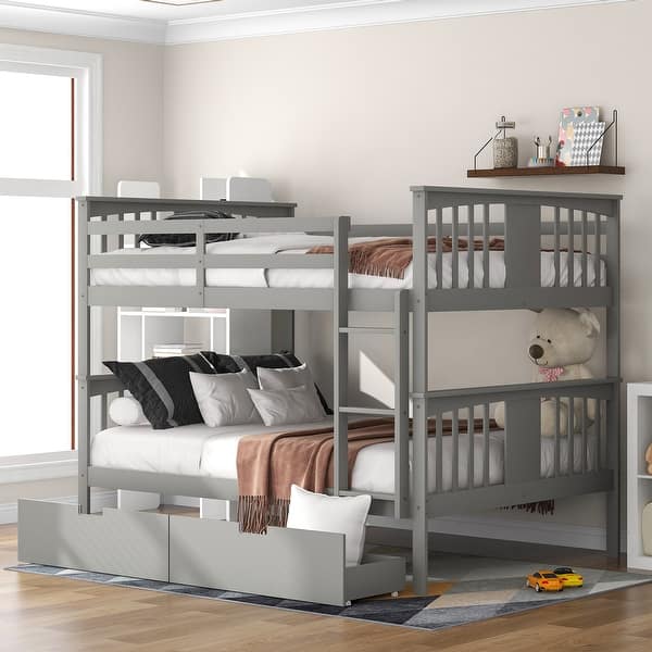 slide 2 of 12, Elegant Full over Full Bunk Bed Wooden Kids Bed with Two Storage Drawers,Ladder,Guardrails for Bedroom Grey