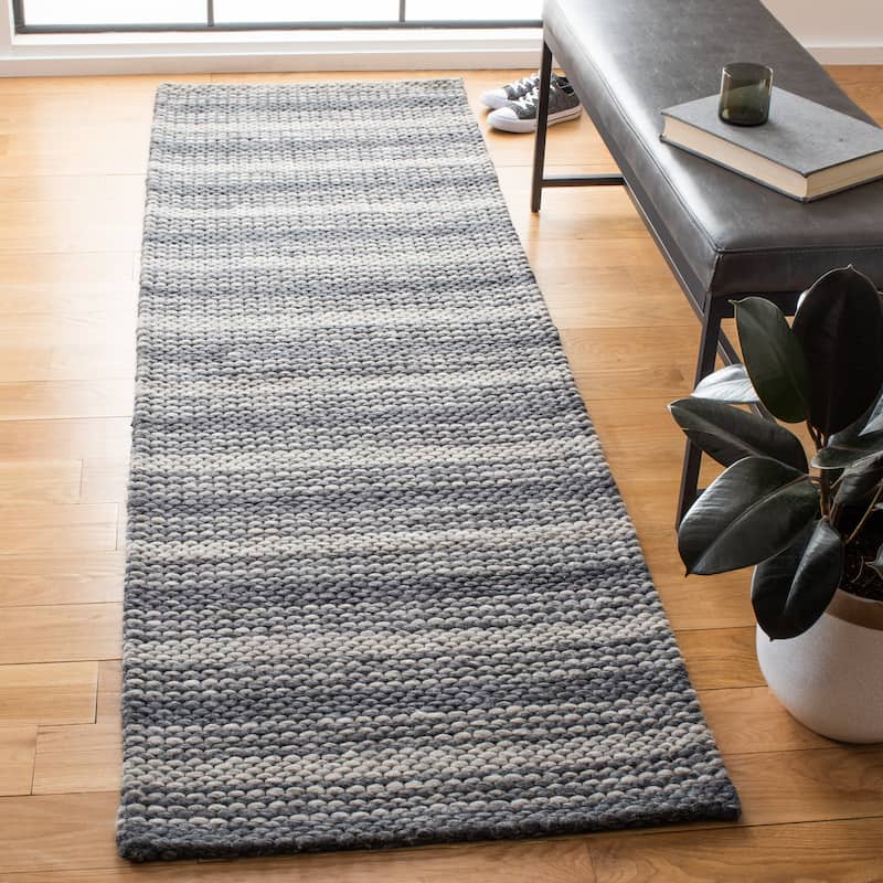 SAFAVIEH Handmade Marbella Arianne Stripe Beige/Brown Wool Rug - 2'3" x 8' Runner - Grey/Chocolate