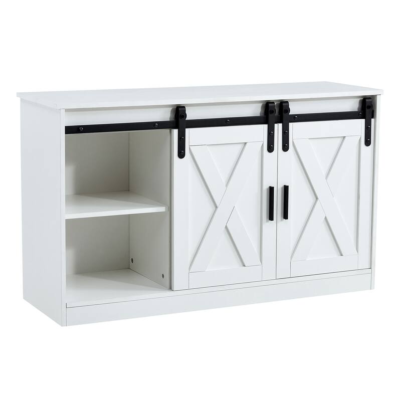 White 46.9" TV Stand with Two Sliding Barn Doors and 3-Layer Storage Space for Living Room