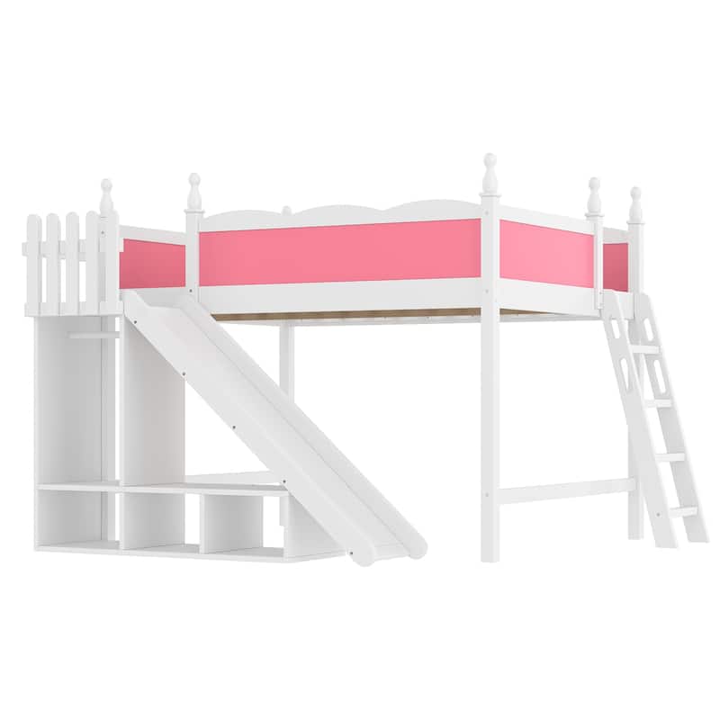 Queen Loft Bed with Storage Shelves and Wardrobe, Solid Wood Loft Beds with Detachable Slide and Ladders, No Spring Box Needed