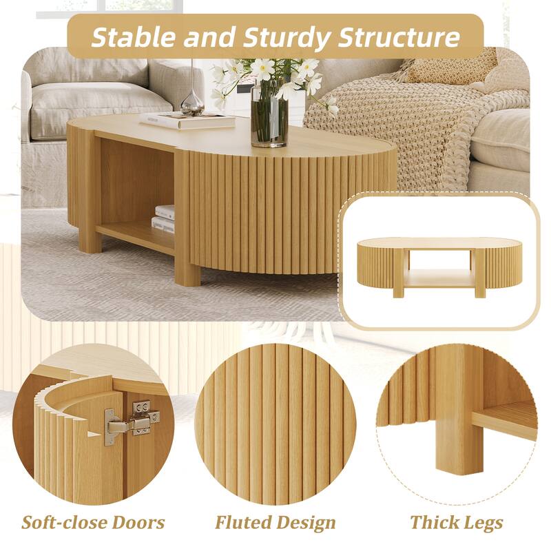 47" Coffee Table for Living Room, Wood Center Table, Tea Table, Storage Table with Sliding Doors, Modern Oval End Table