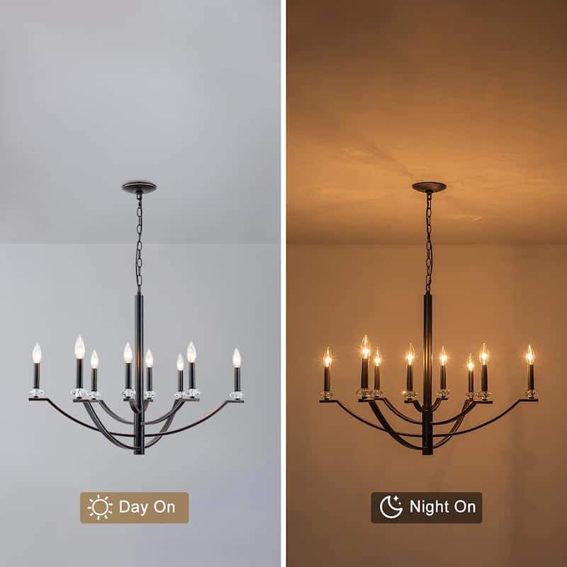 8-Light Industrial Black Chandelier Crystal Accents Adjustable Arms - Dia.40.94-in