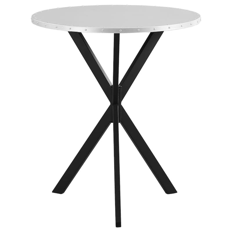36 Inch Bar Table, Metal Top, Hammered Nails, Intersected Base, Silver