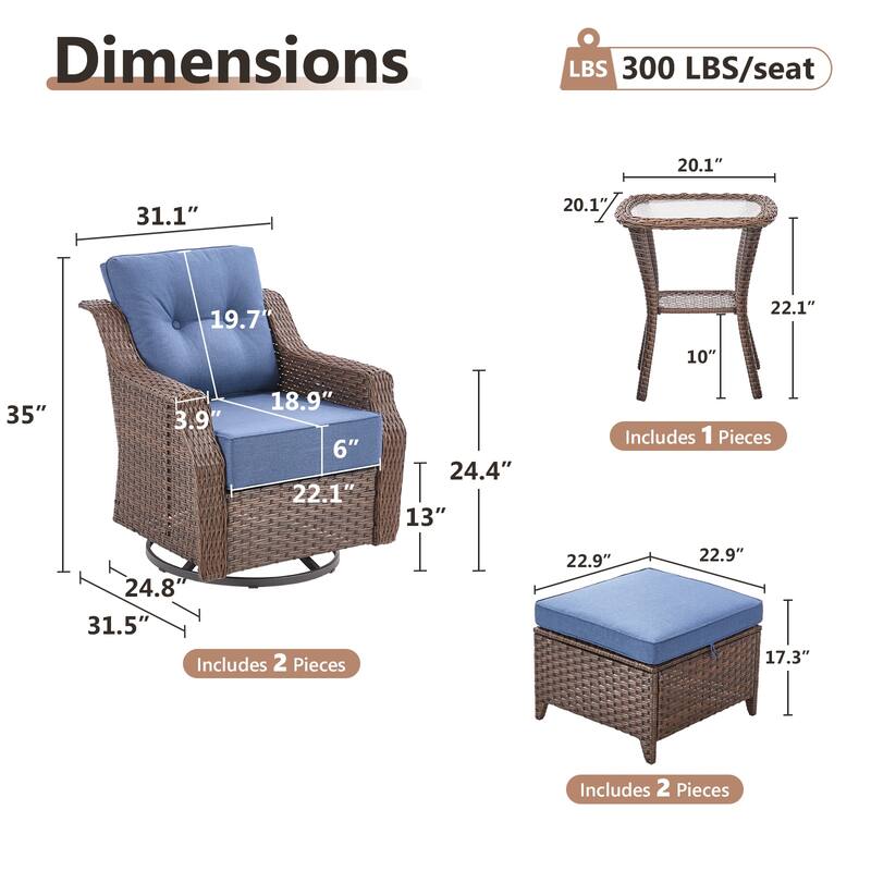 Artisan 5-Piece Wicker Patio Swivel Glider Set with 6-Inch Thick Cushions
