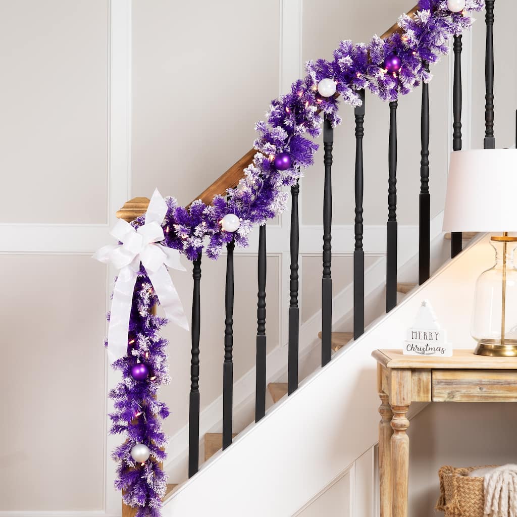 Pre-Lit Artificial Flocked Pine Christmas Garland - 9' - Purple - Clear Lights