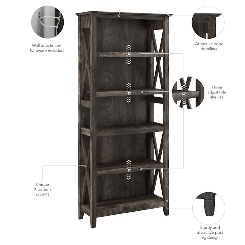 Bush Furniture Key West Tall 5 Shelf Bookcase with Adjustable Shelves
