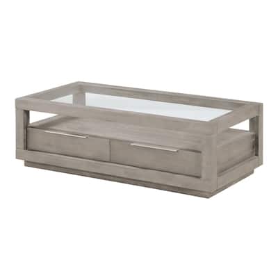 Wave 54 Inch Coffee Table, Glass Top, 2 Drawers, Natural Gray Acacia Wood