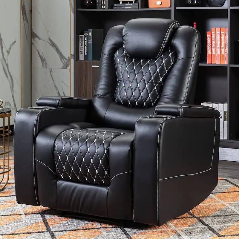 Overstuffed Electric Home Theater Seating PU Leather Reclining Furniture with Hidden Arm Storage - Black