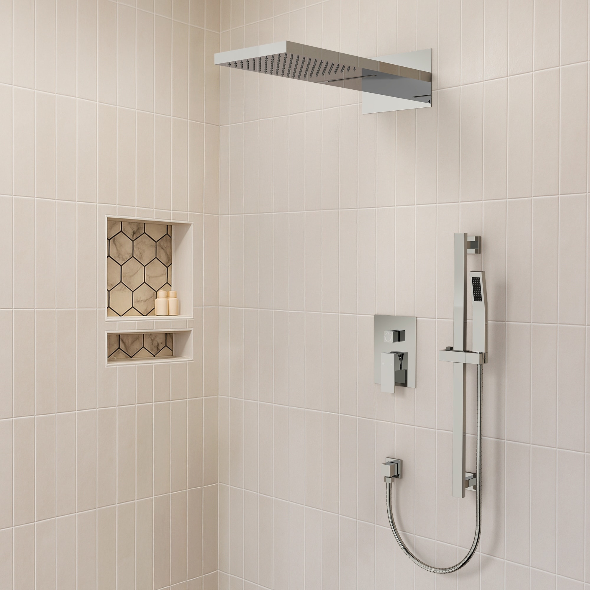 Dual-Function Wall Mounted Waterfall & Rainfall Shower Faucet Set With Rough-In Valve - 22"*10"