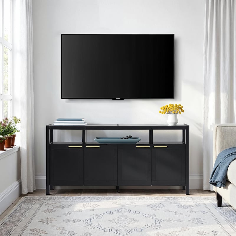 Walker Edison Modern Solid Wood 58" TV Stand with Glass Top - Black