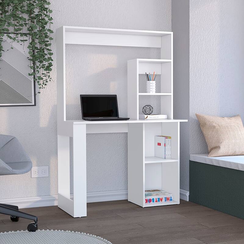 Freestanding Computer Desk with Integrated Hutch, Storage Shelves, and Spacious Work Surface for Organized Living - White
