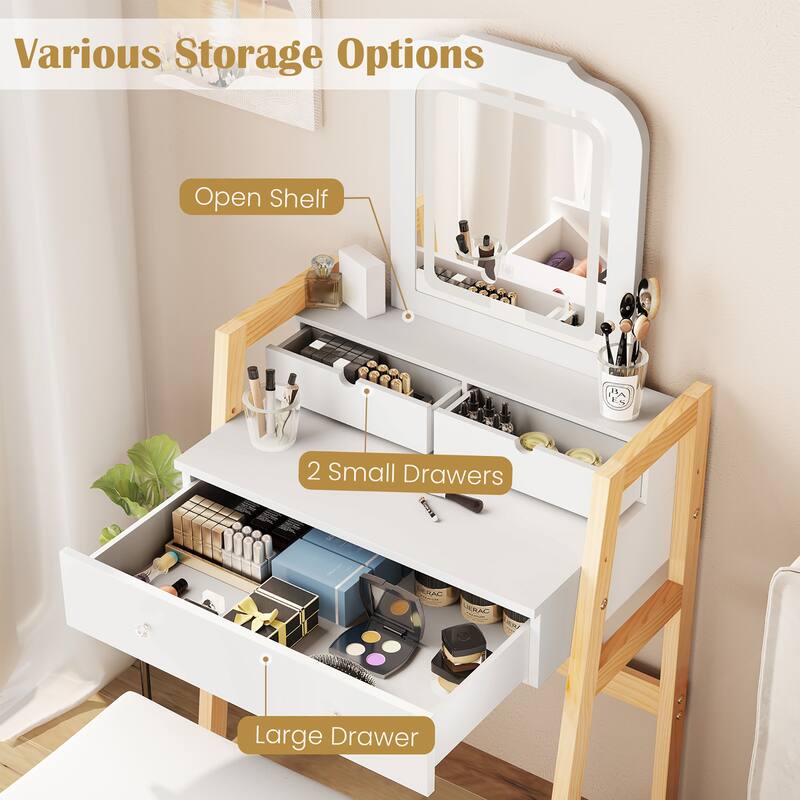 Gymax Vanity Desk Set w/ Mirror 3-Color LED Lights Drawers Solid Pine