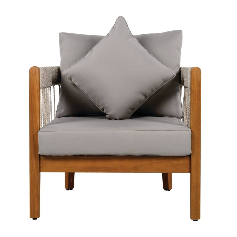 Acacia Wood Outdoor Club Chair with Handwoven Rope & Curved Back, Water-Resistant Patio Lounge Chair with Removable Cushions