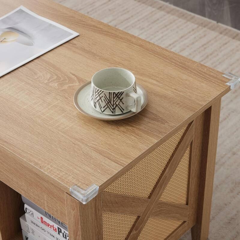 VINGLI Rectangular Oak-colored Particle Board with Bamboo Rattan Weaving, Extendable and Liftable Coffee Table
