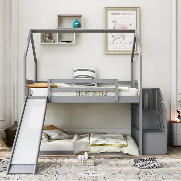 slide 2 of 8, Twin Over Twin House Floor Bunk Bed, Wooden Low Bunk Bedframe w/Convertible Slide, Storage Staircase can be Placed Left or Right Gray - Twin