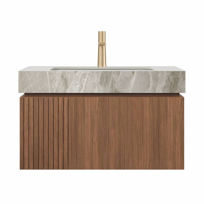 GDFStudio - Muri Modern 30" Floating Bathroom Vanity, Light Gray Sintered Stone Countertop with Ceramic Basin, WITHOUT Faucet