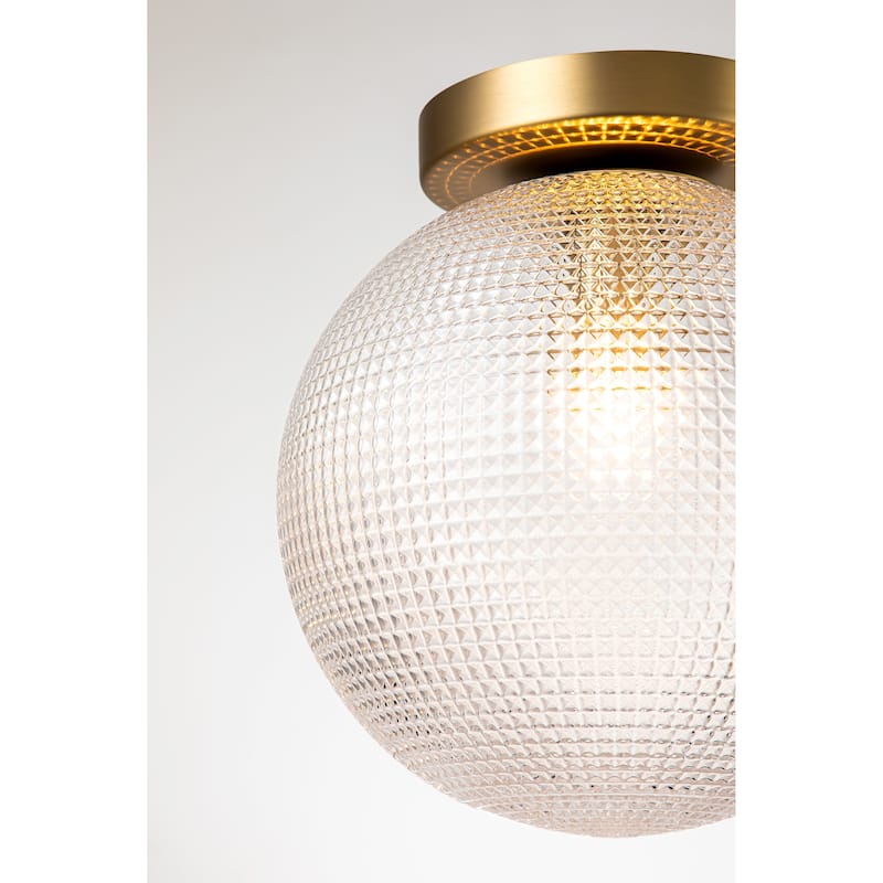 1-Light 11 in. Modern Gold Textured Prismatic Clear Glass Globe Bubble Semi-Flush Mount Light - 9.8 in. W x 11 in. H