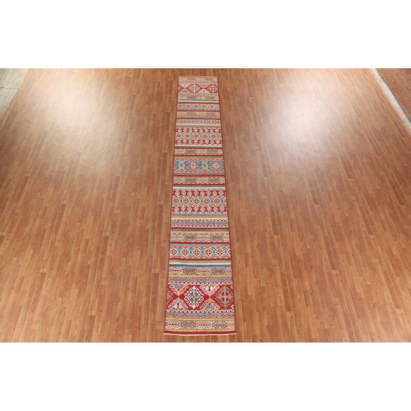 Hand Knotted Oriental 100% Wool Carpet Traditional All-Over Multi-Colored Kazak Runner Rug - 13' 10'' X 2' 6''