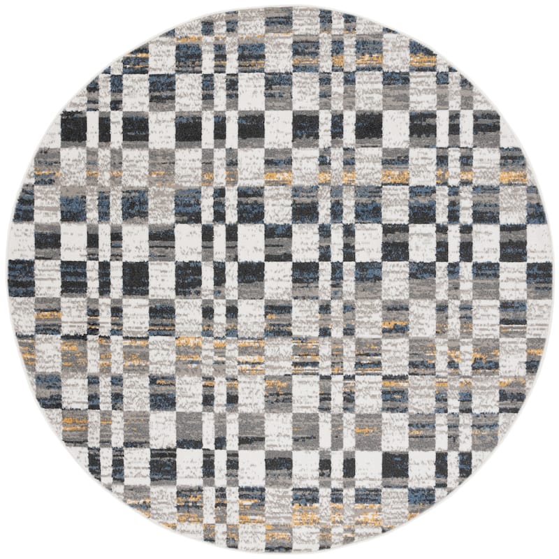SAFAVIEH Pyramid Mady Contemporary Rug - 6'7" Round - Ivory/Grey Navy
