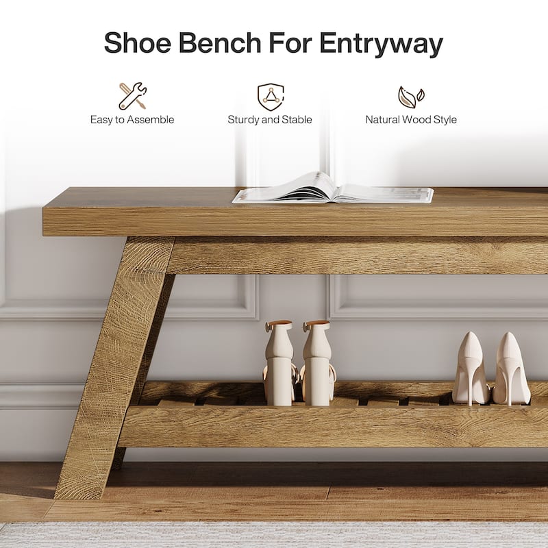 2-Tier Entryway Shoe Bench with Storage, 55-Inch Wood Storage Bench for Living Room, Bedrooms - 55.12" W x 13.78" D x 17.72" H