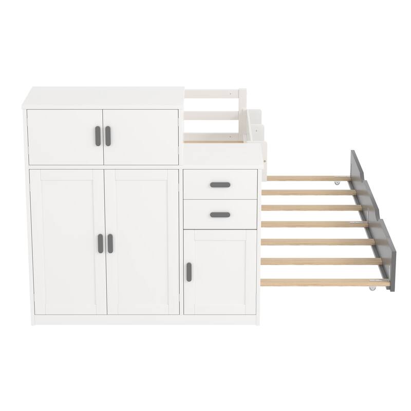 Multifunctional Twin Size Wood Platform Bed with Bookshelf, Wardrobe, and Trundle, White