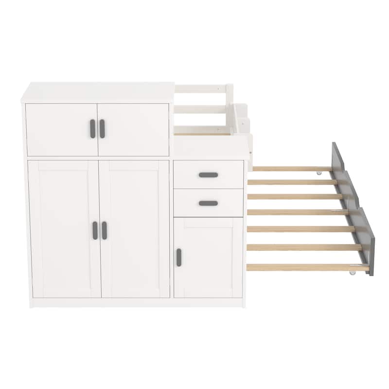 Twin Size Wood Platform Bed with Sample Bookshelf and Movable Wardrobe, Multifunctional Bed with Built-in Trundle Bed, White
