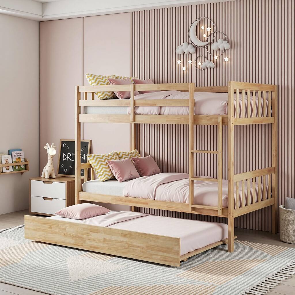 Javlergo Oak Twin Bunk Bed with Trundle Rubberwood Convertible into 2 Twin Size Beds with Stairs Guardrail and Slat Support