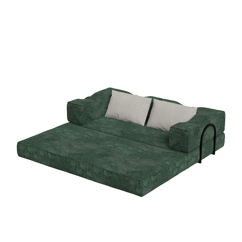 80" Convertible Sofa Bed with 2 Pillows, 2-Seat Folding Floor Couch, Multifunctional Chenille Loveseat Living Room Sleeper Sofa