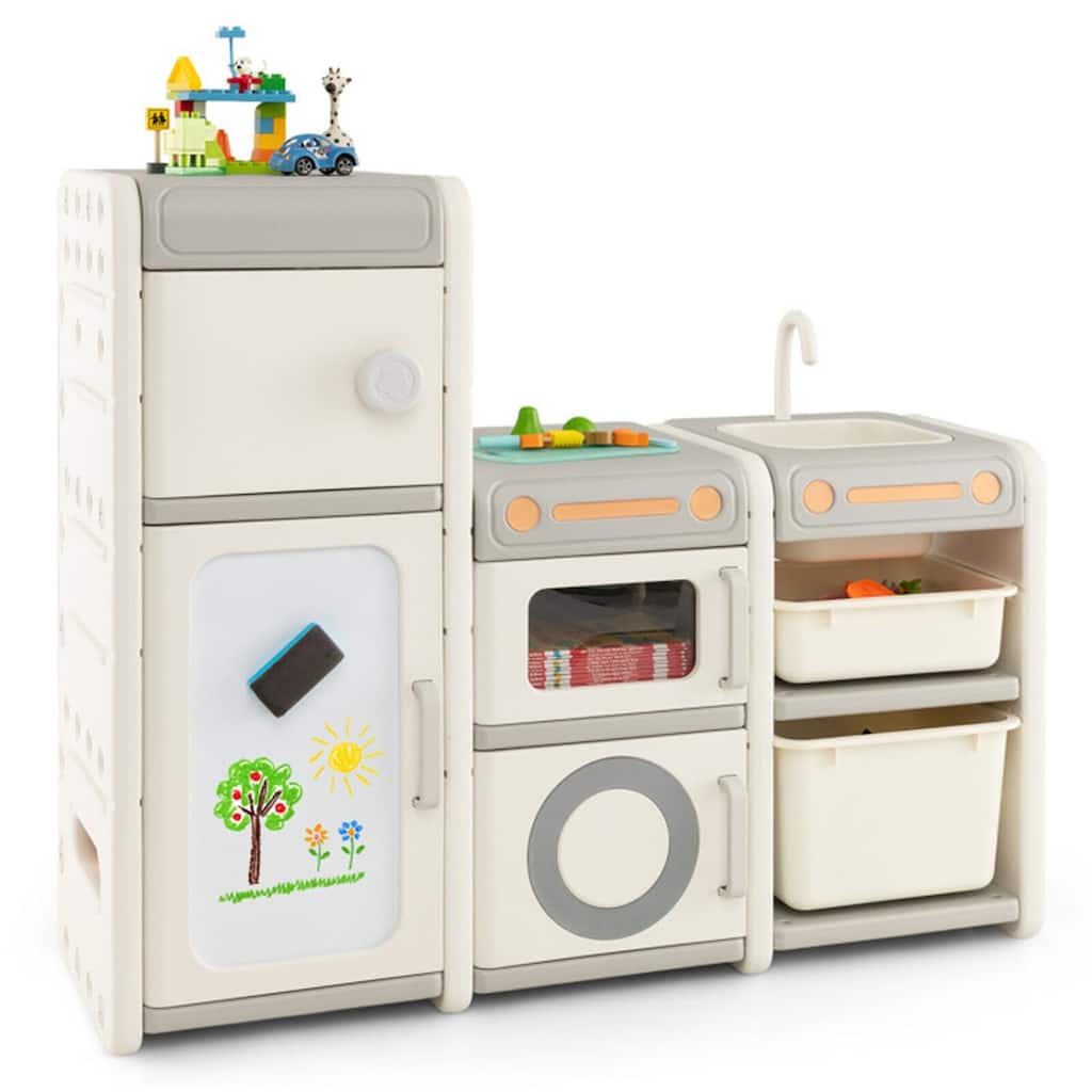 Kids Storage Cabinet with 4 Enclosed Cabinets and Magnetic Whiteboard and Play Sink for Toddlers - 46" x 15" x 38.5"