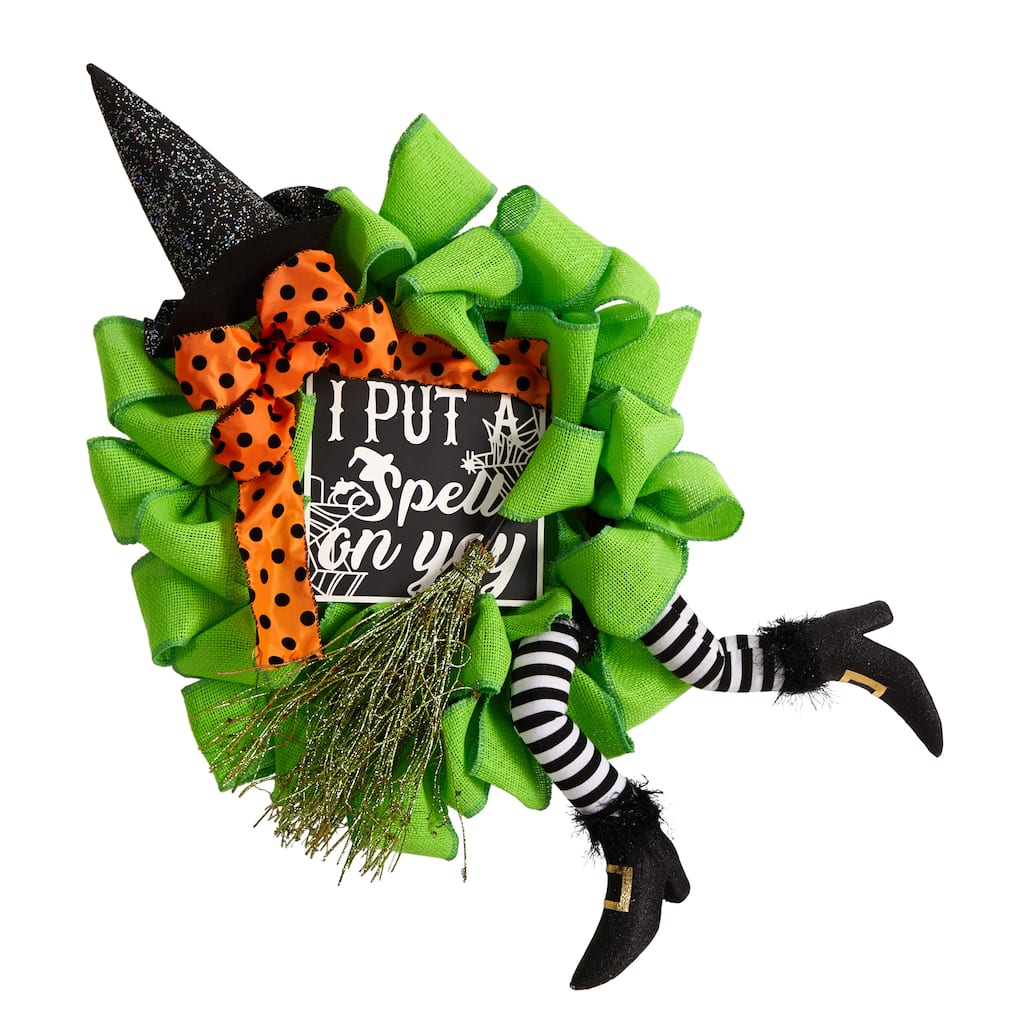 26" Halloween Witch Broom and Hat Mesh Wreath - 26