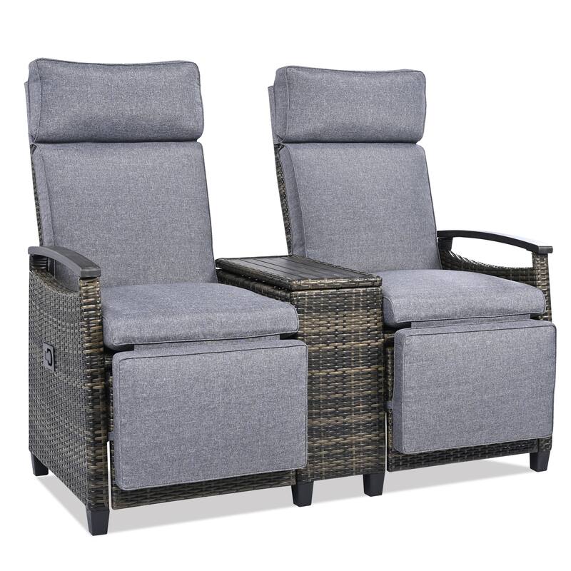 Recliner Loveseat Chair,Adjustable Backrest Wicker Outdoor Lounge Chair Set With Acacia Wood Armrests And Built-In Storage Table