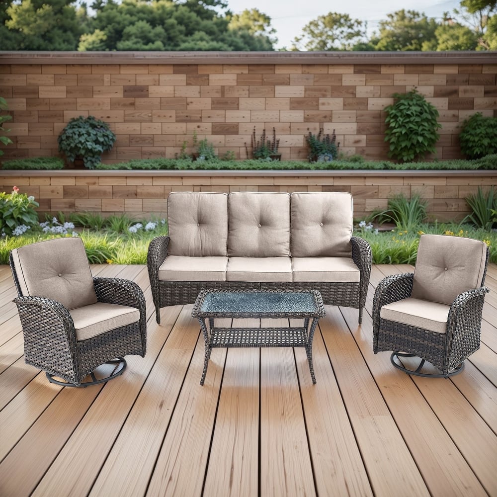 Gymojoy 4-Piece Outdoor Wicker Patio Furniture with 3 Seat Sofa & Swivel Chair, Coversation Set with Water Resistant Cushions