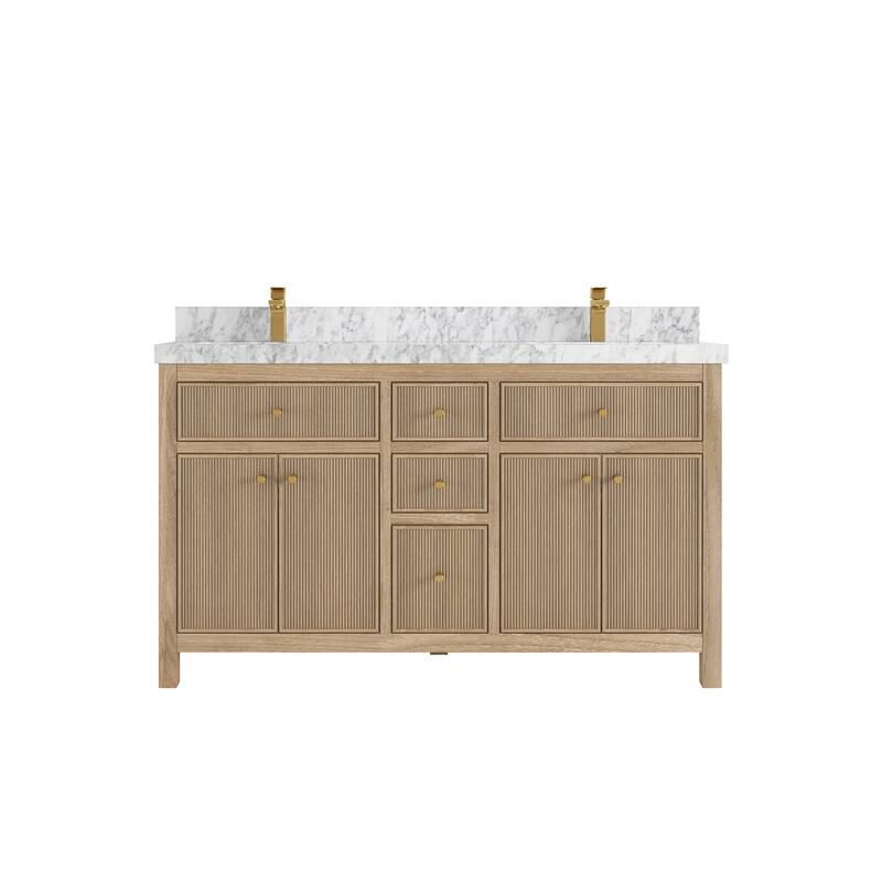 Willow Collections 60 in. W x 22 in. D Sonoma Teak Double Sink Bathroom Vanity with Countertop - 2” Carrara Marble - Light Graywashed
