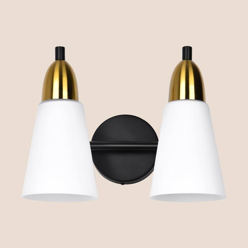Modern Black Bathroom Vanity Light with Frosted Glass Shades & Gold Accent, Minimalist Wall Sconces